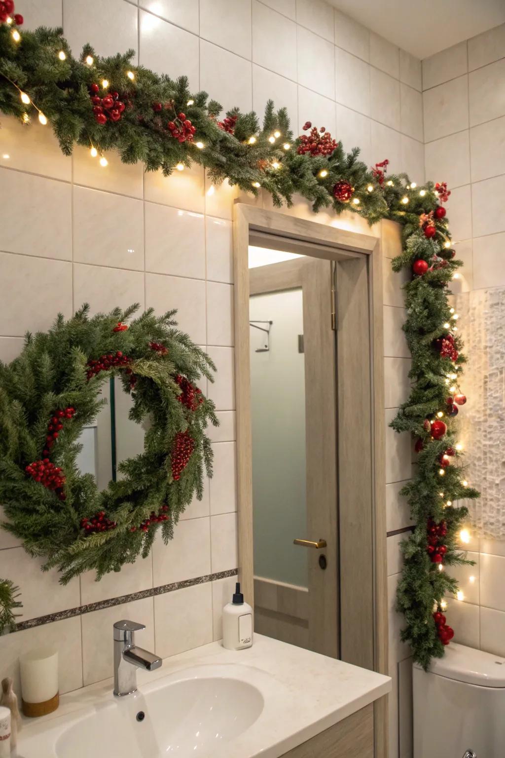 A festive wreath and garland transform this bathroom into a comfortable holiday escape.