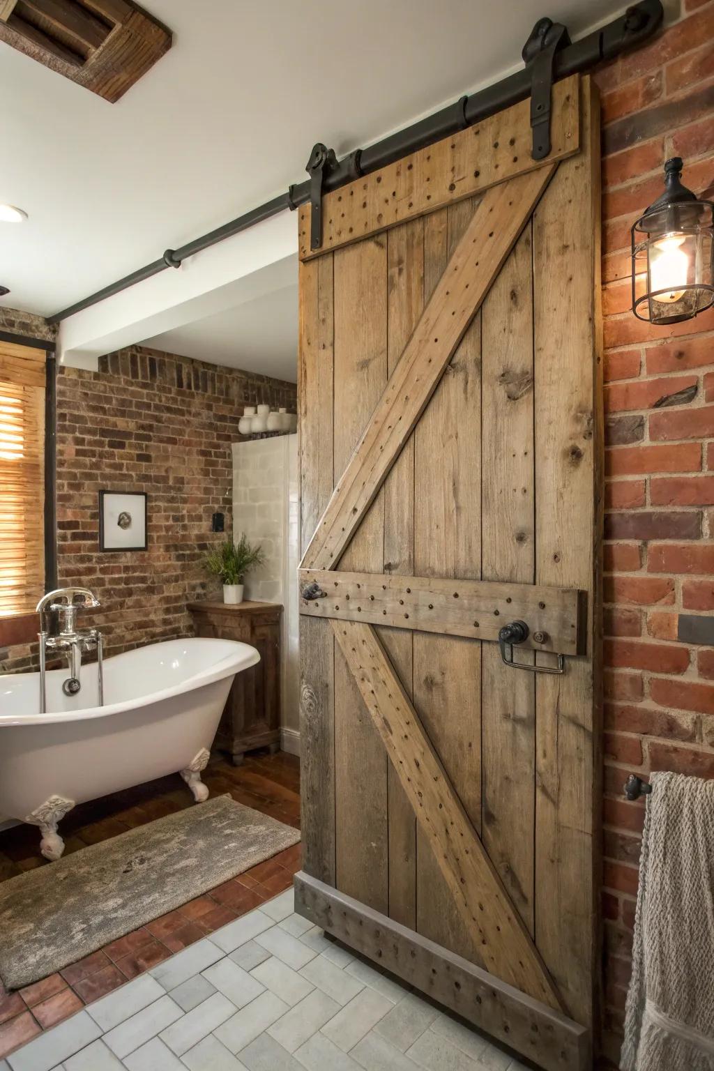 Rustic barn doors bring warmth and charm to bathroom decor.