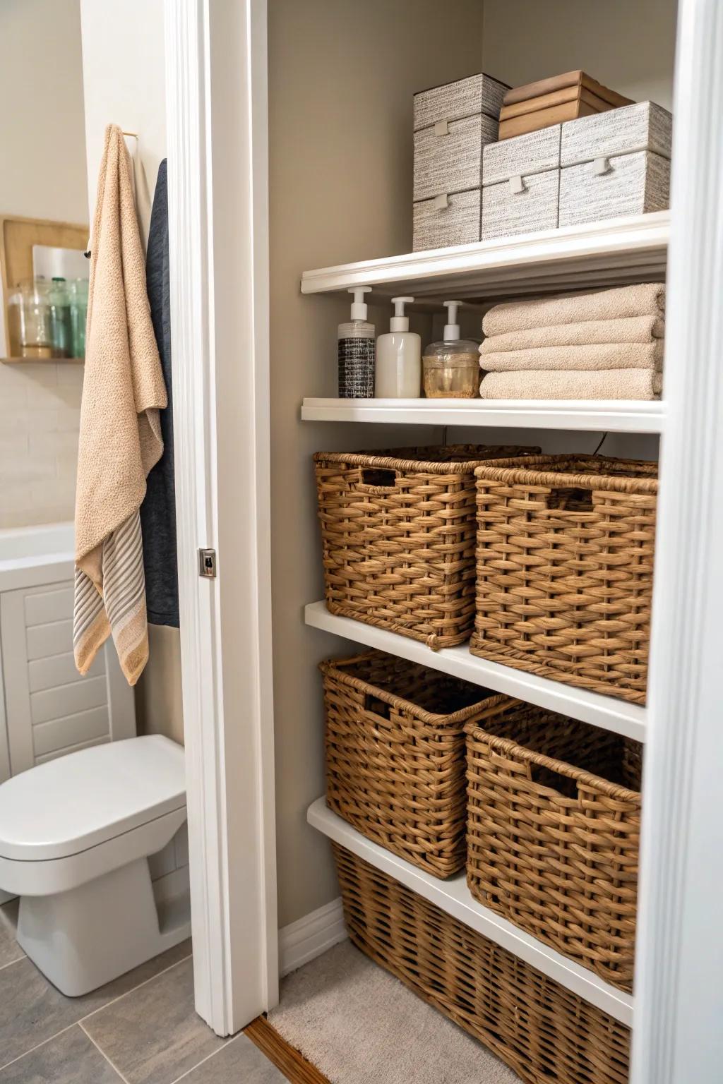 Natural fiber baskets contribute warmth and organization.