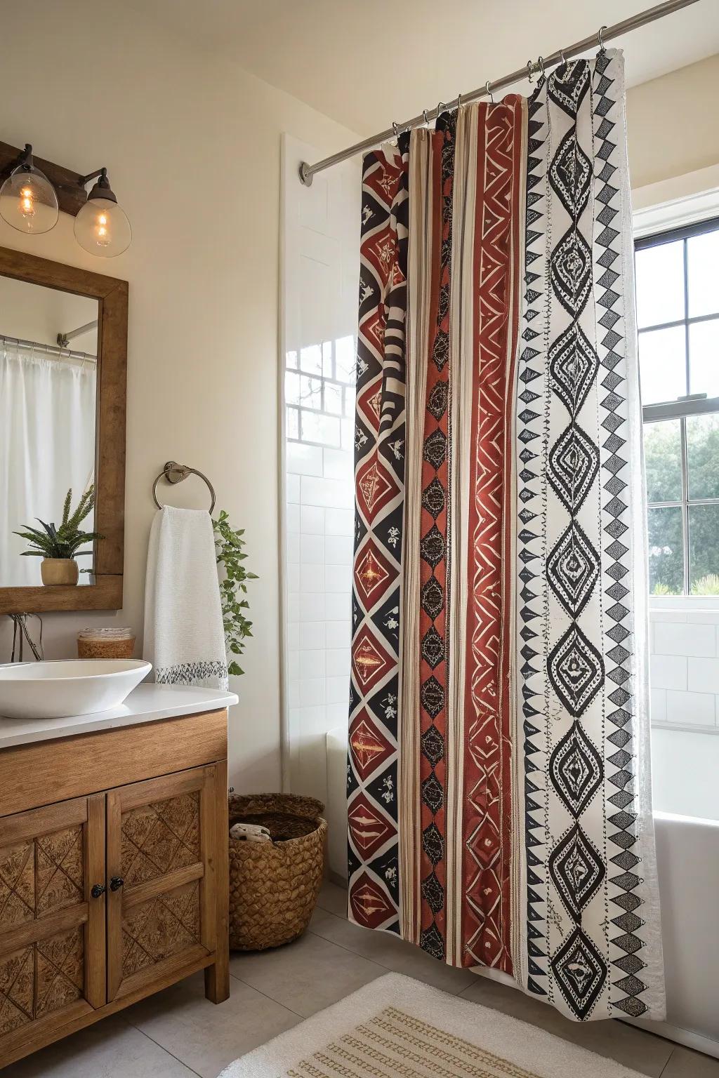Curtains with striking patterns transform your bathroom into a work of art.