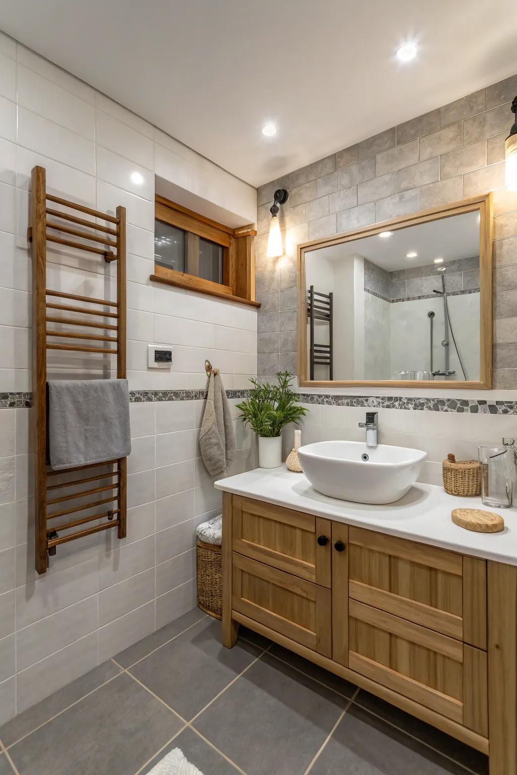 A soothing bathroom with a harmonious blend of neutral shades and natural textures.