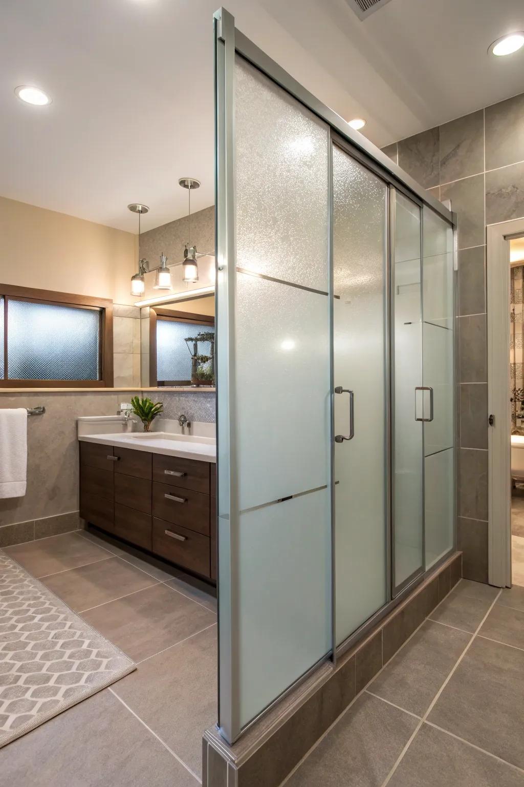 Opaque glass segments allow privacy while sustaining an airy, light filled space.