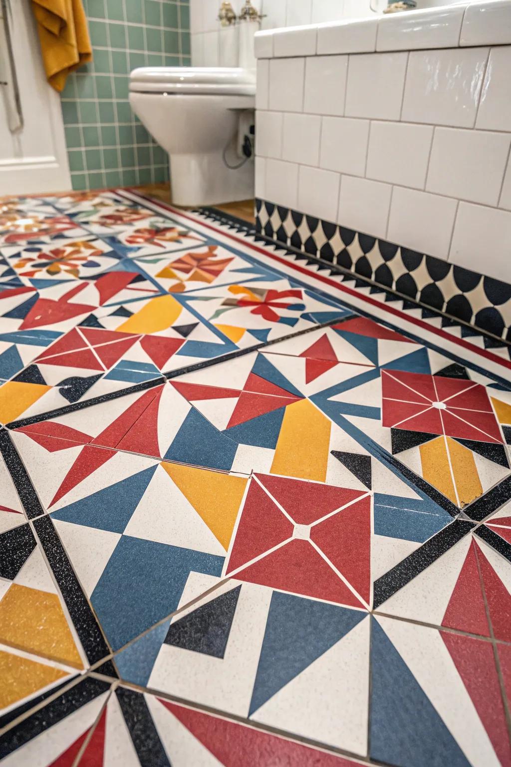 Geometric designs introduce a vibrant element to your bathroom floor.