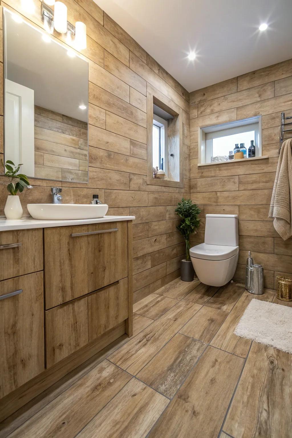 Wood-look tiles blend beauty with practicality in bathrooms.