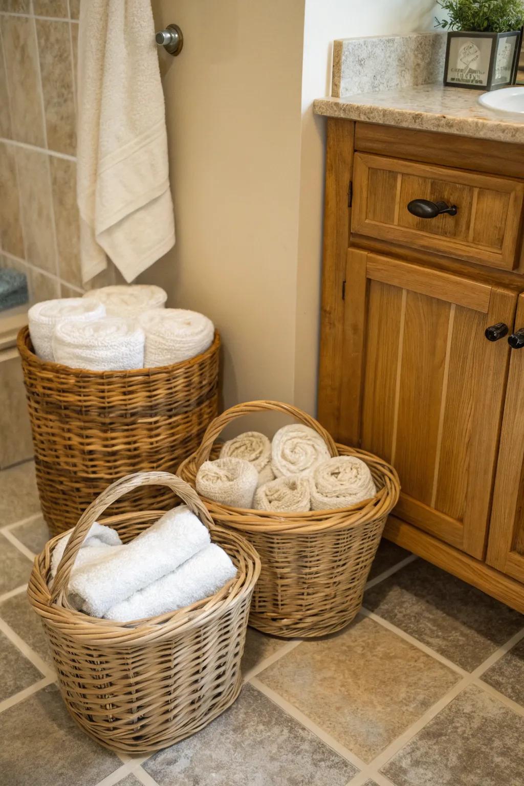 Willow containers give a delightful, countryside touch to cloth storage.