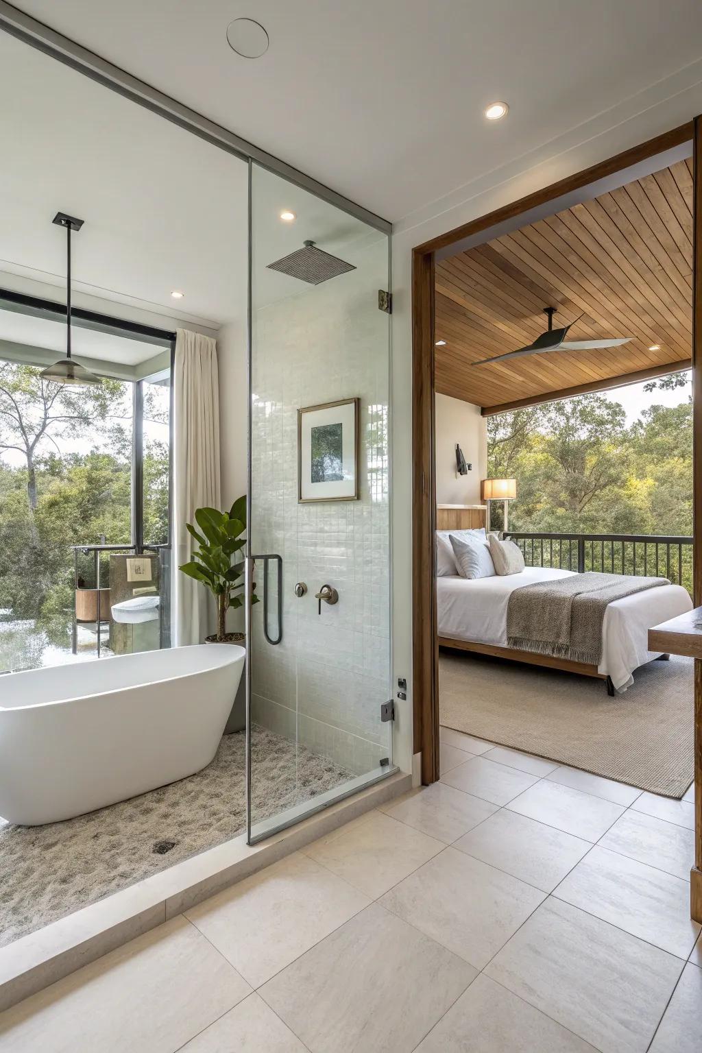 An open-concept bathroom that establishes a fluid link between areas.