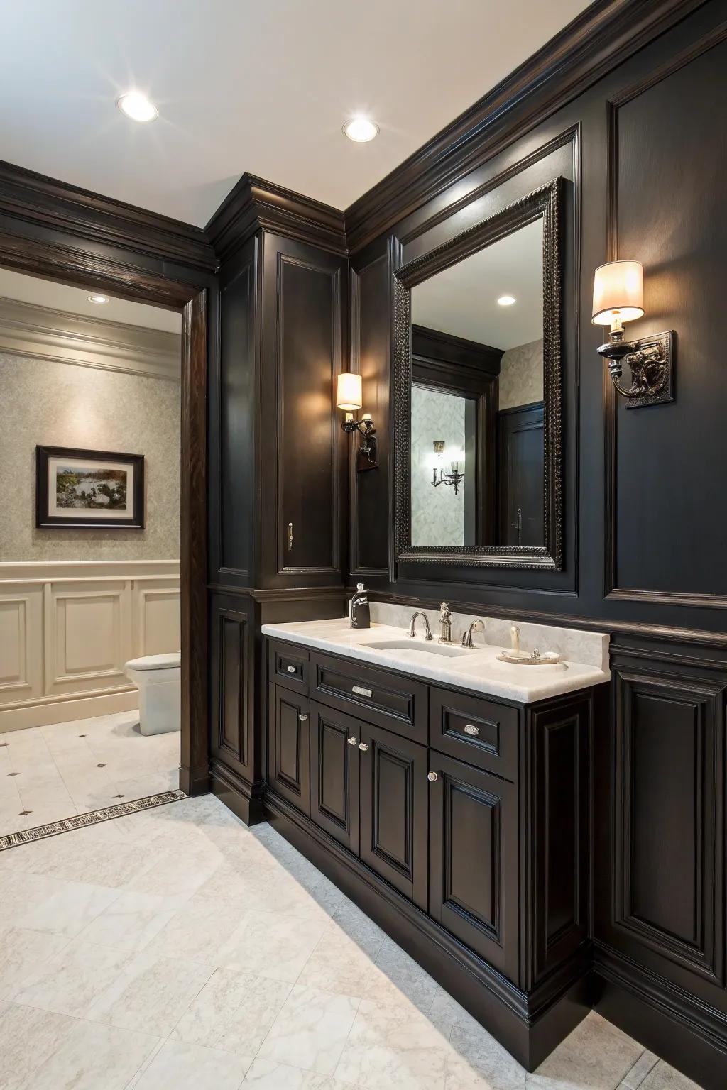 Dark trim offers a striking visual in modern bathrooms.