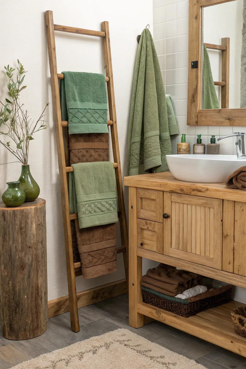 Forest and soil towels impart a cozy, natural sensation to your bathroom.