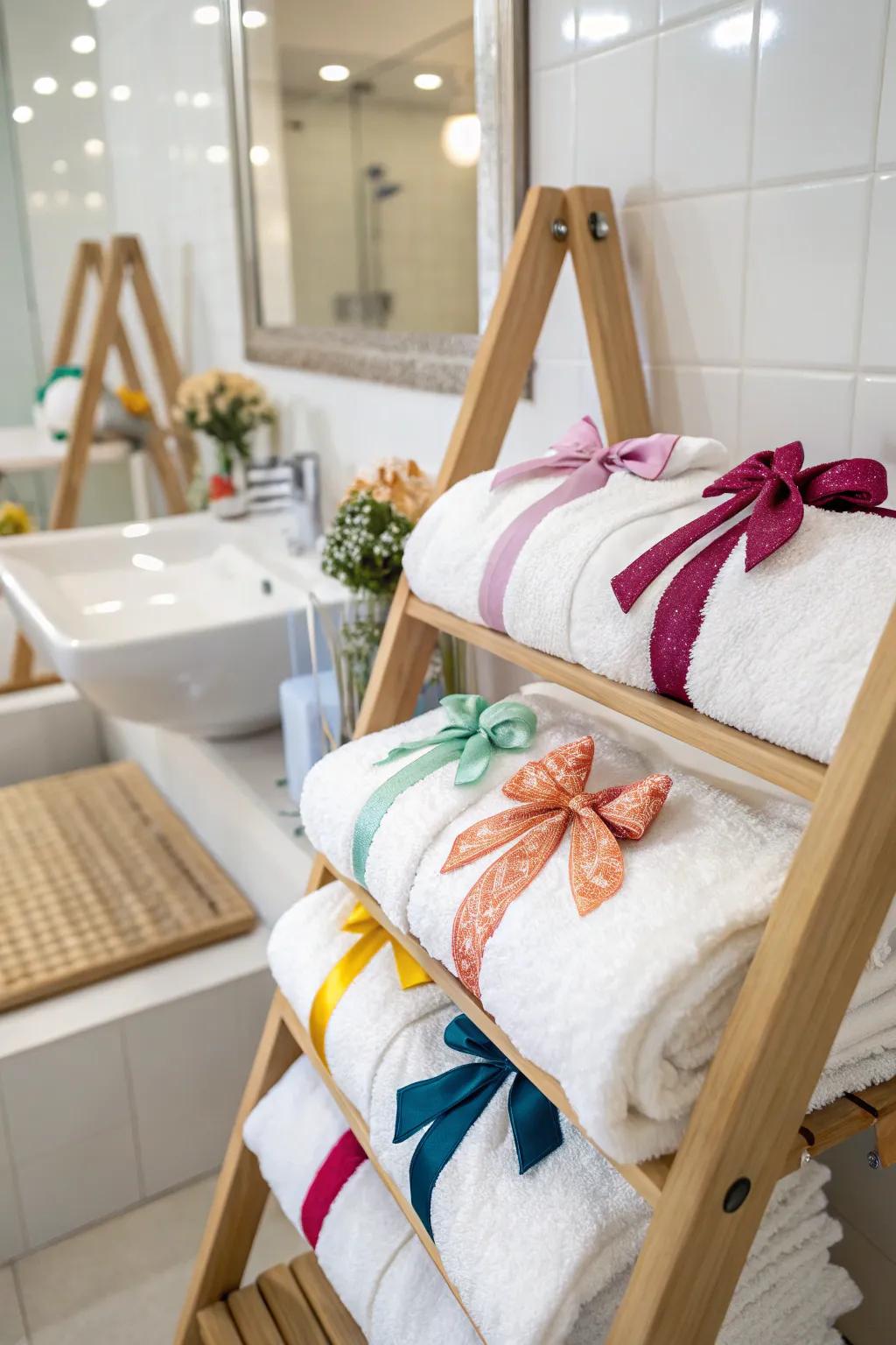Infuse your towels with character by adding vibrant ribbons and bows.