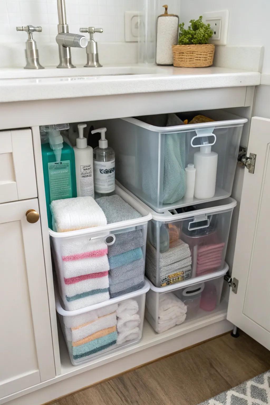 Clear containers and adjustable shelving beneath the sink.