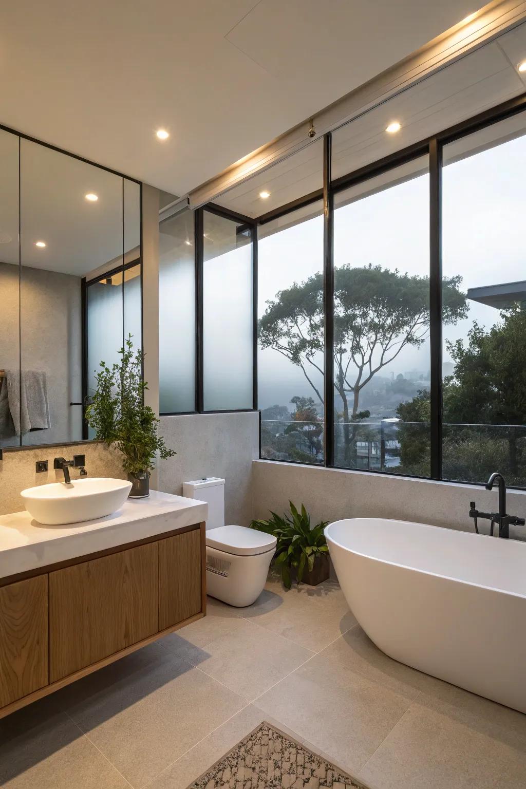 Obscured glass windows enhancing privacy and offering diffused lighting in the bathroom.