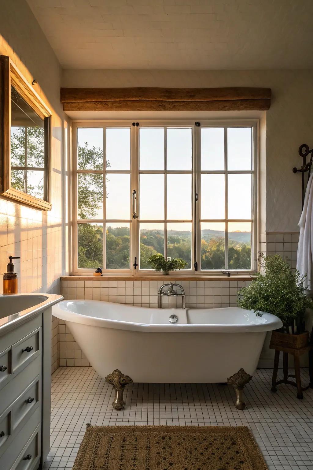 This bathroom is flooded with natural light, enhancing the elegant soak.