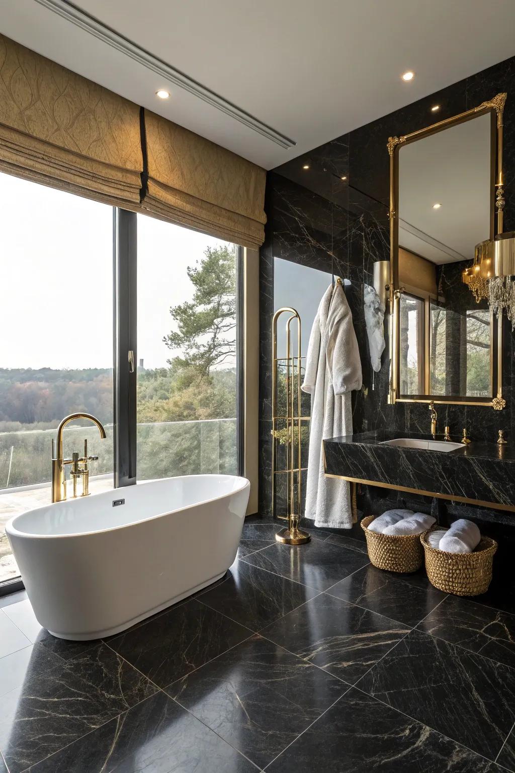 A standalone soak tub introduces an element of opulence to this sophisticated bathroom.