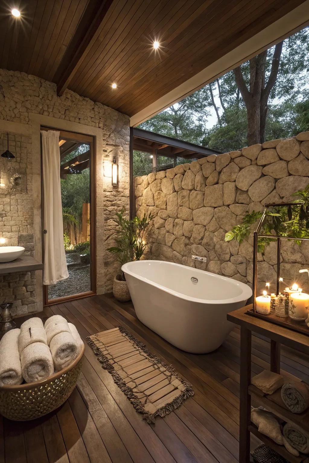 A tranquil, spa-inspired bathroom featuring soothing aspects.