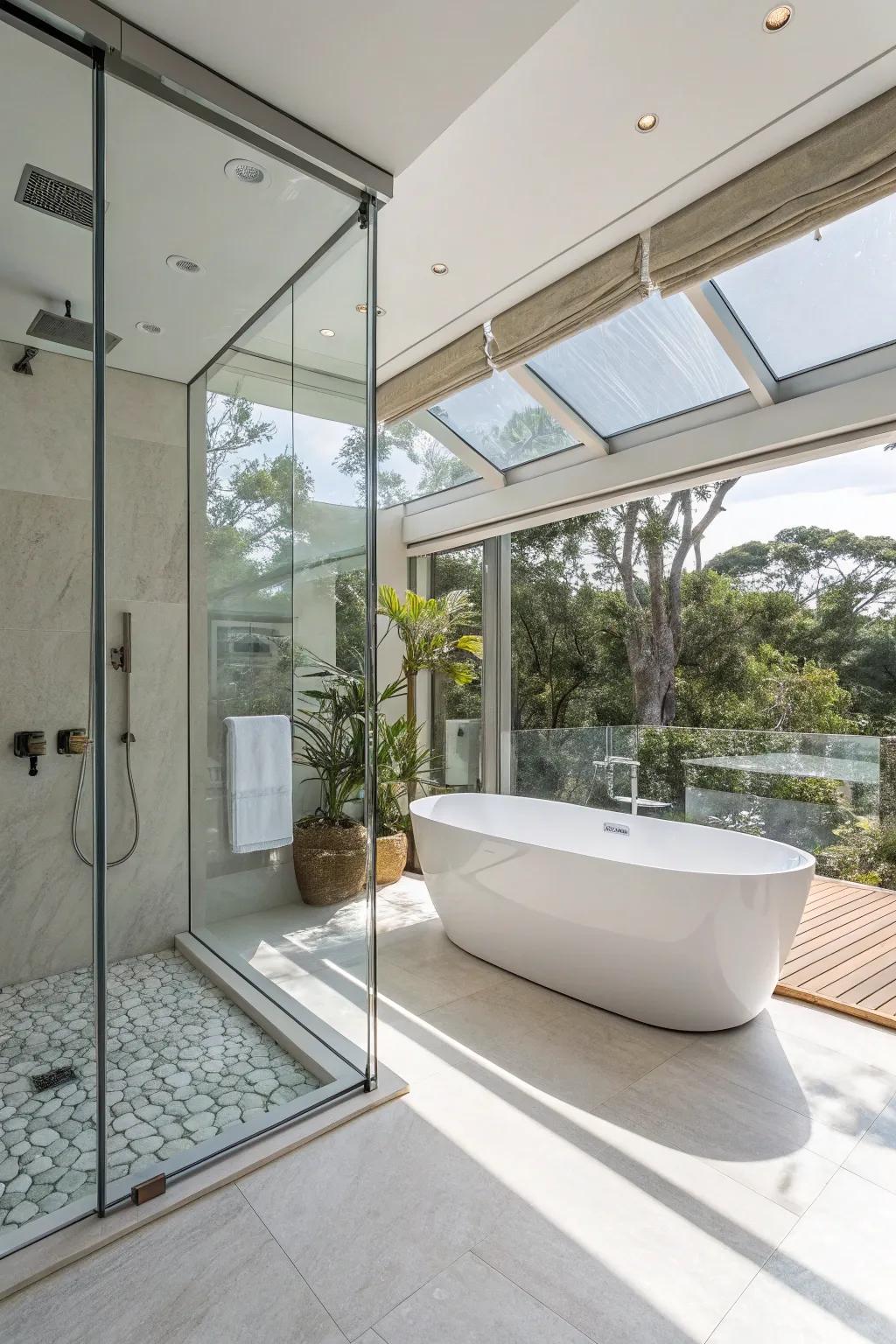 Glass shower enclosure enhancing the openness of a bathroom.