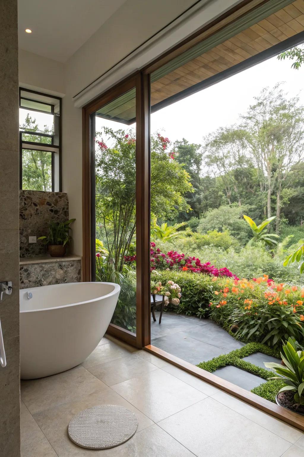 A modern bathtub that offers a view of a vibrant garden, which combines indoor comfort with outdoor beauty.
