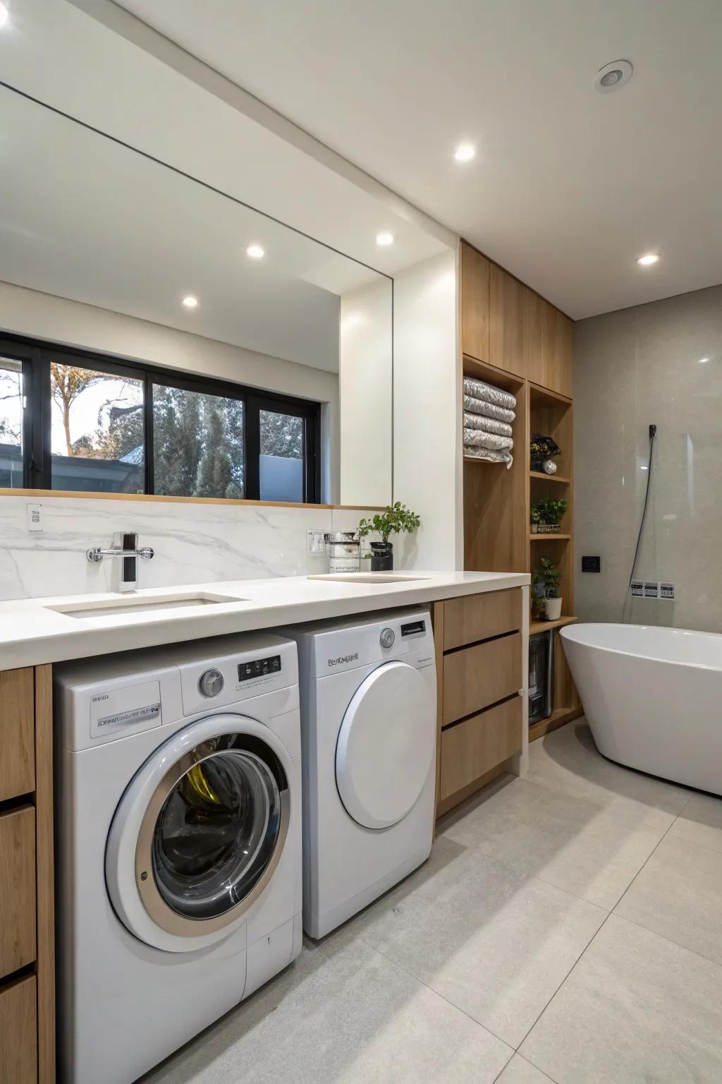 Washer and dryer installed under the counter for a modern design.