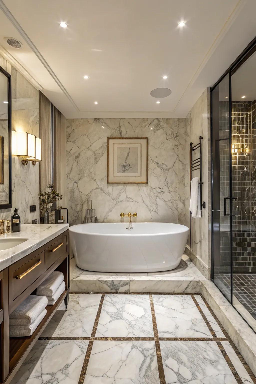 Marble and upscale tiles can reinvent your bathroom as a lavish escape.