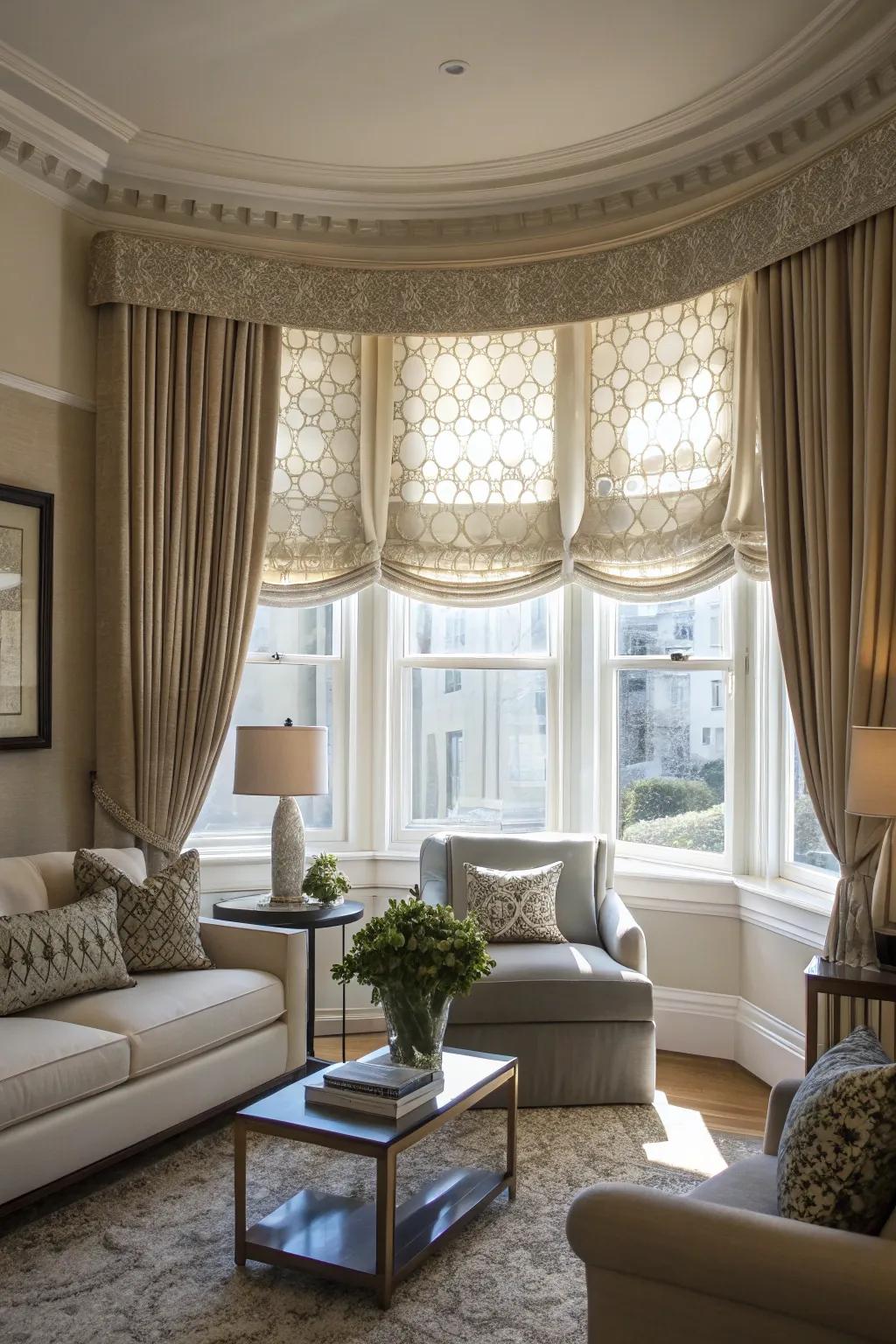 Fabrics with texture add intrigue and character to bay windows.