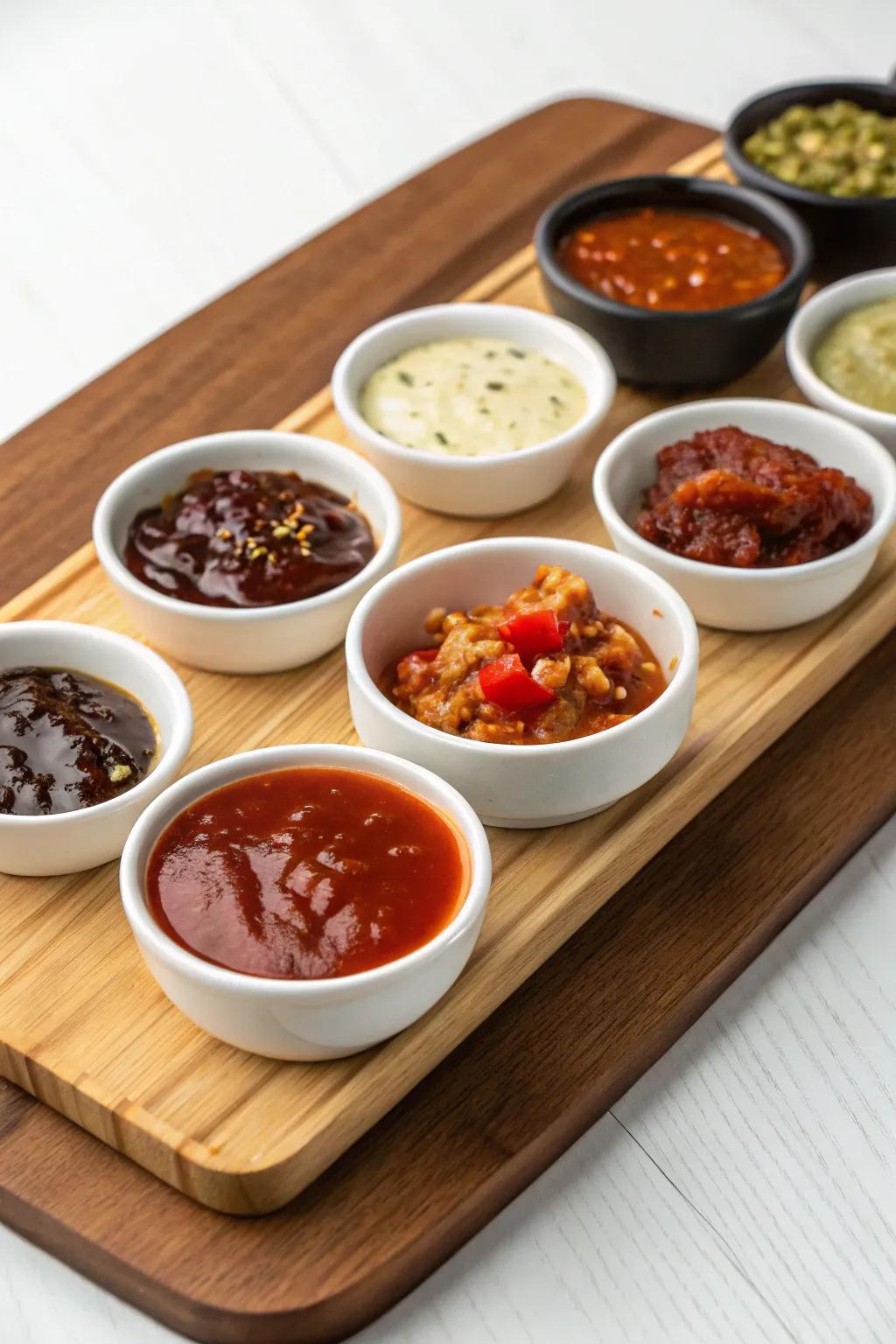 A vibrant selection of sauces adds flavor and fun to your board