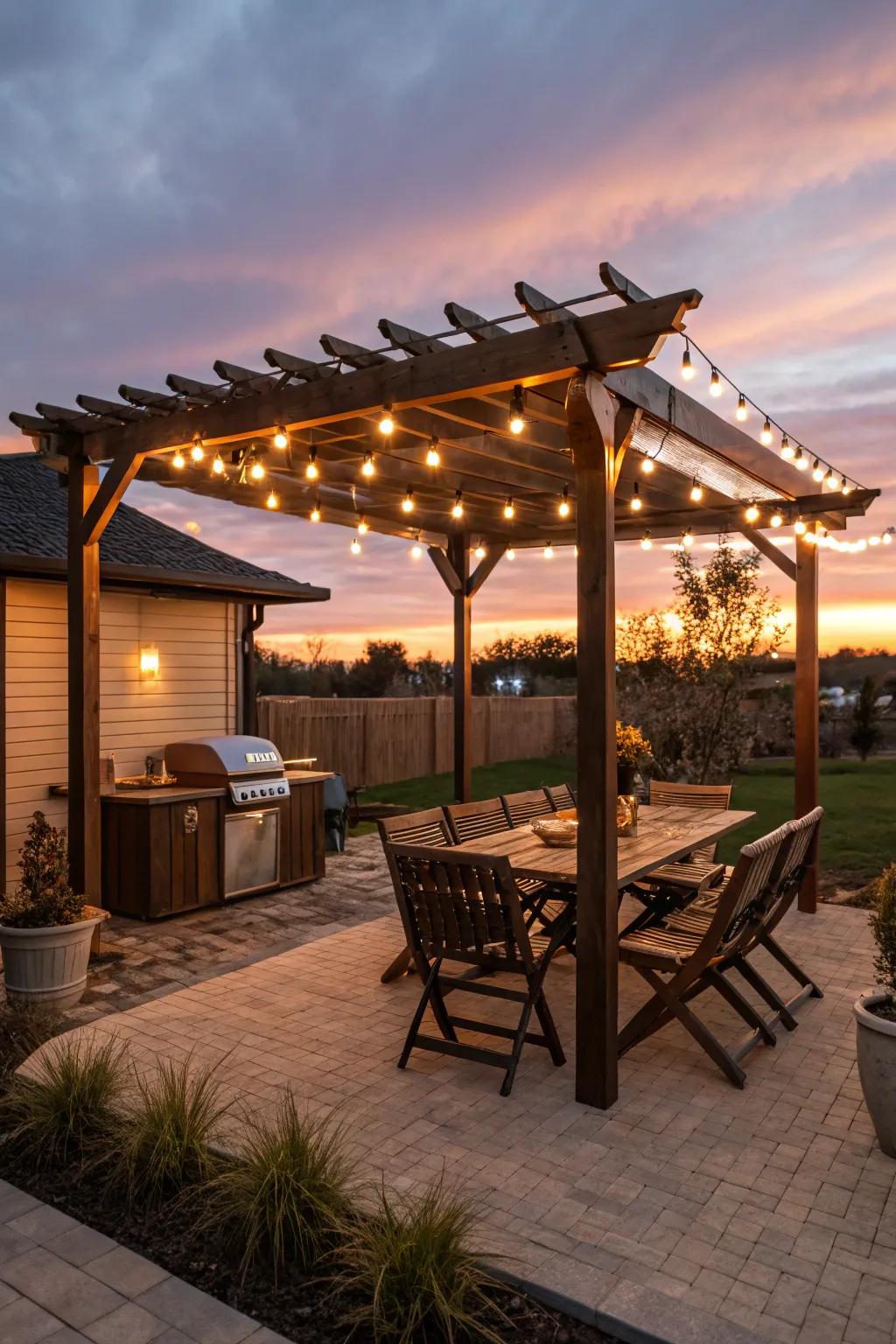 Grill stylishly in a BBQ area covered by a pergola.