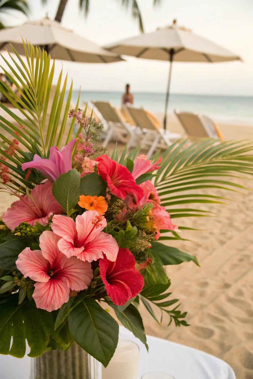 Exotic flowers contribute a burst of color and seaside allure.