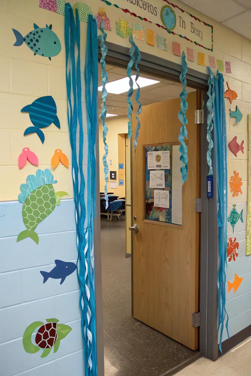 An under-the-sea journey displayed on a classroom door with eye-catching sea animals.