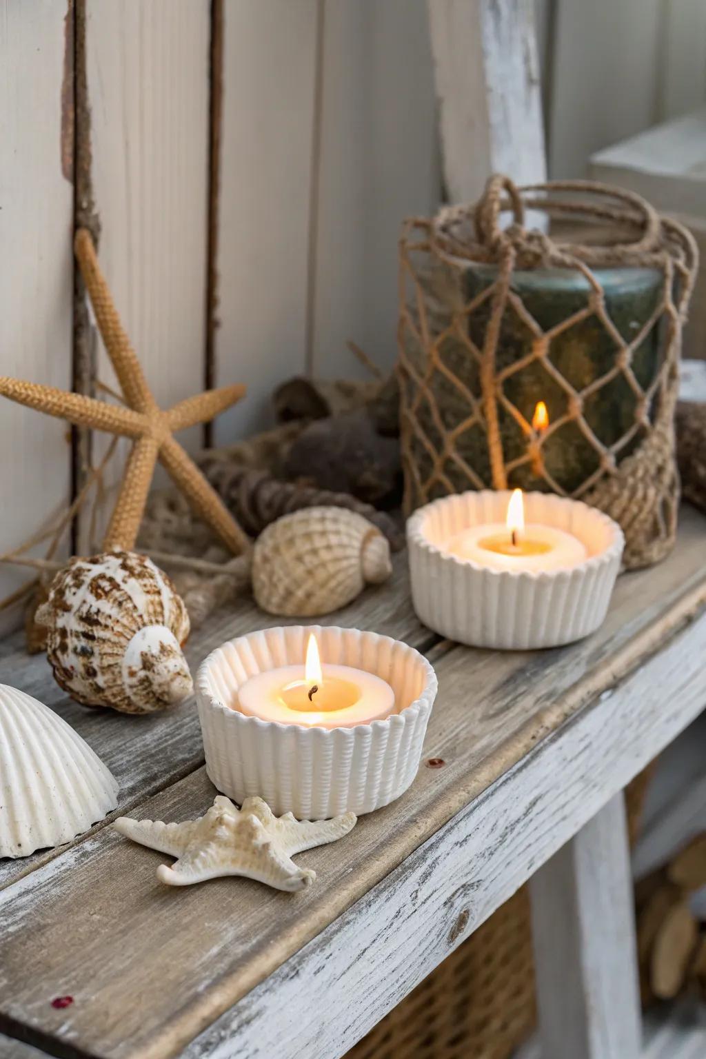 Conjure a relaxed coastal feel with seashell candle holders.