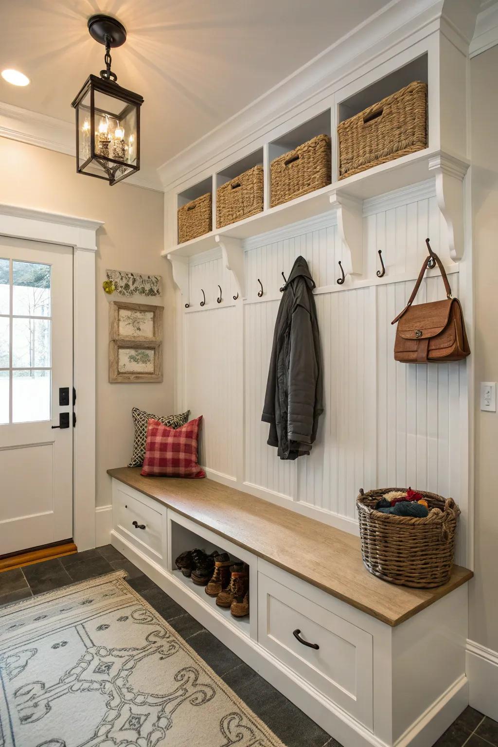 An elegant entryway featuring beadboard walls alongside efficient storage solutions.