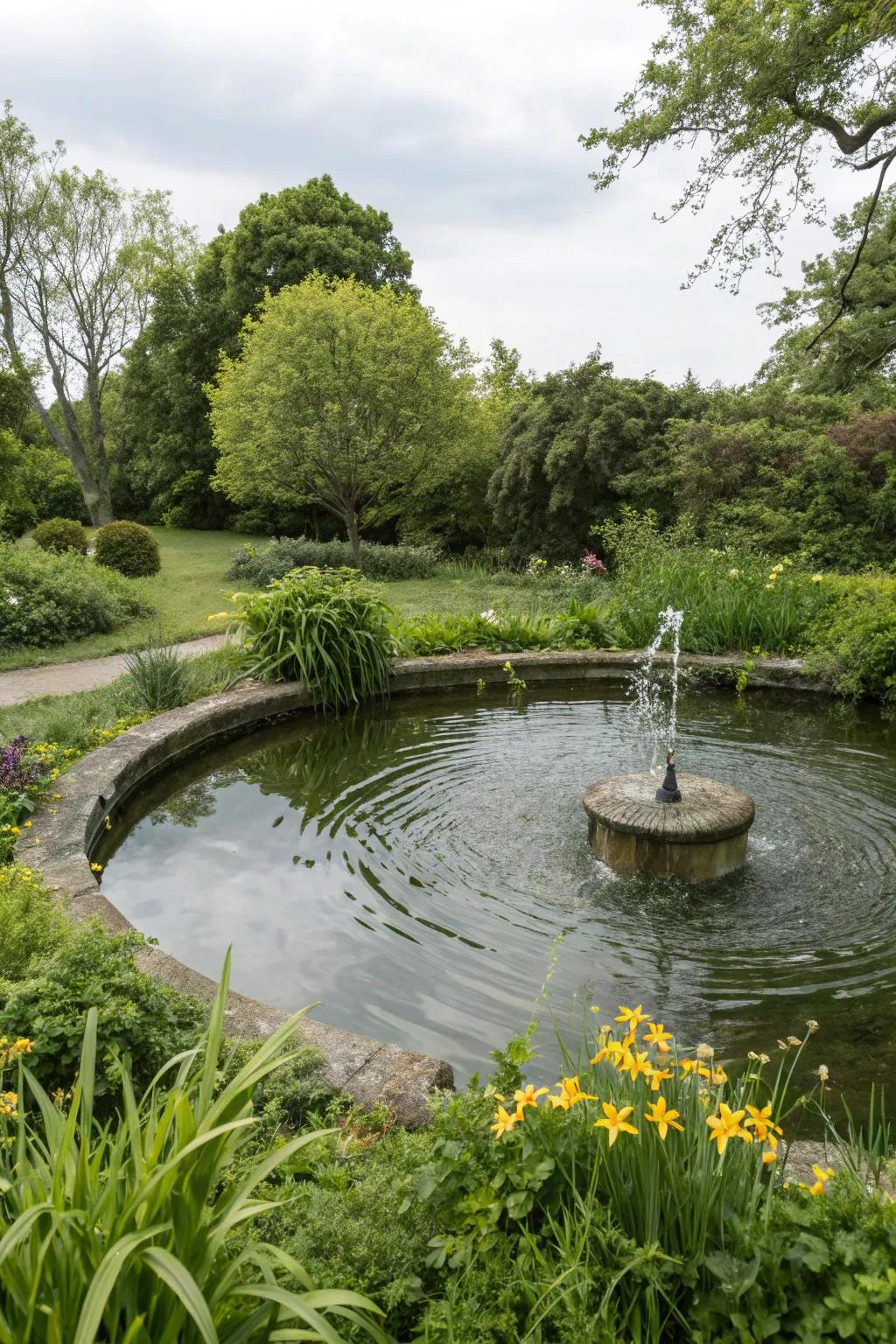 A tranquil garden pond featuring a gentle fountain, embraced by vibrant spring foliage.