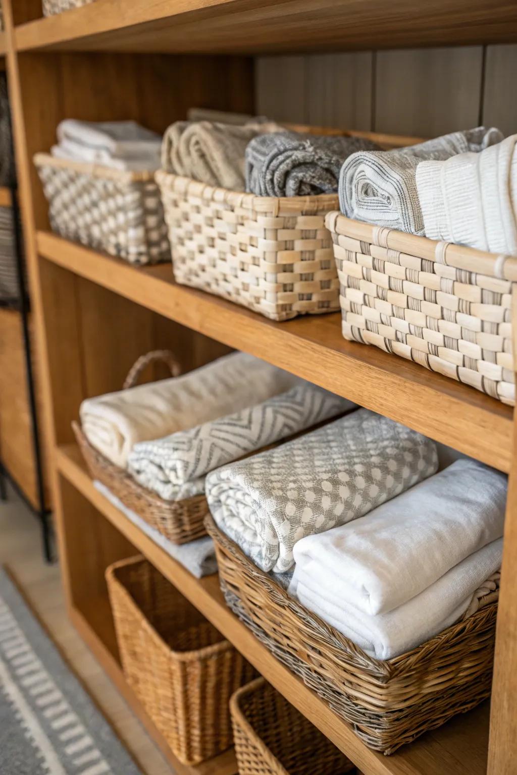 Baskets contribute flair and structure to your linen storage.