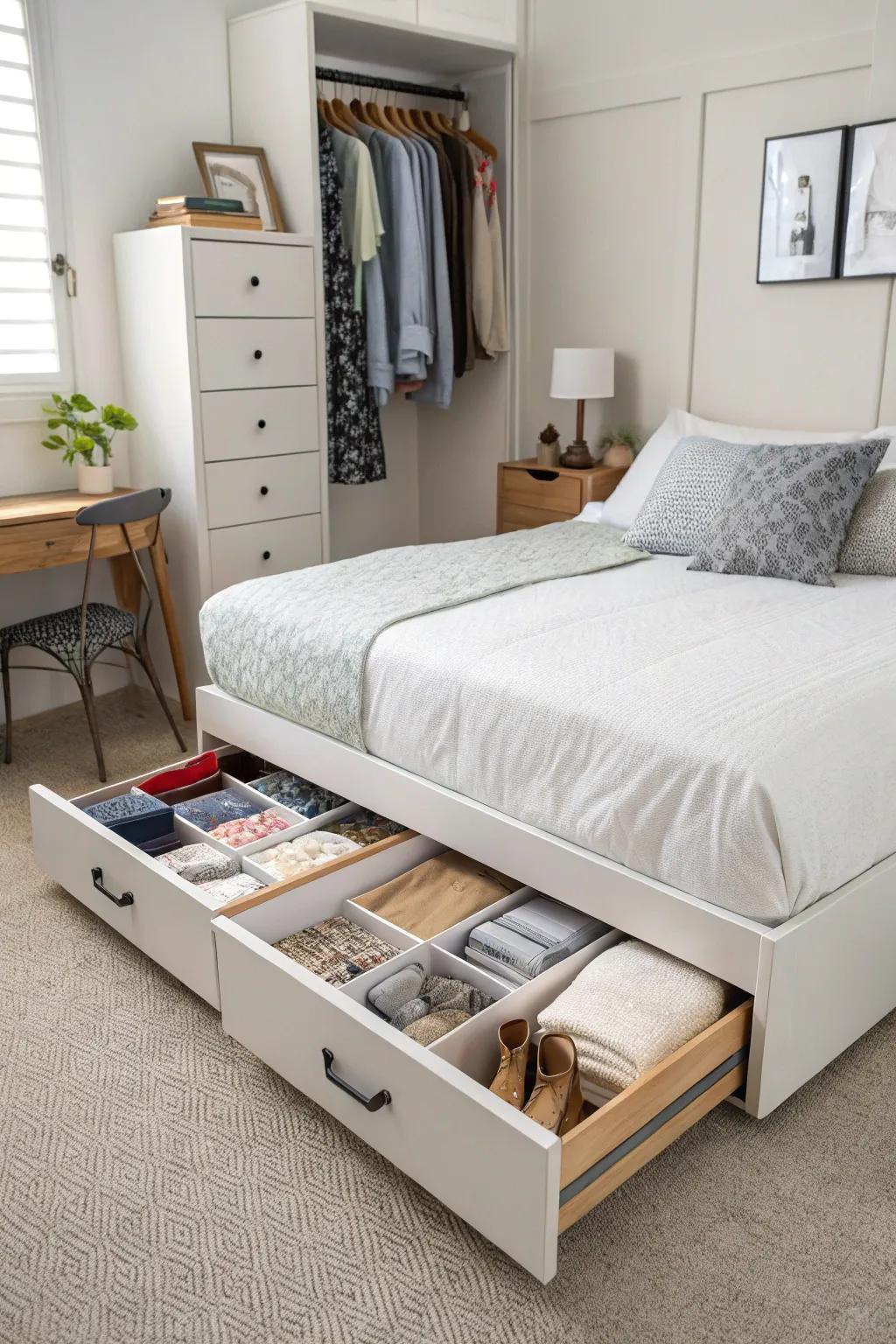 Under-bed organizing drawers provide a tidy and stylish solution.