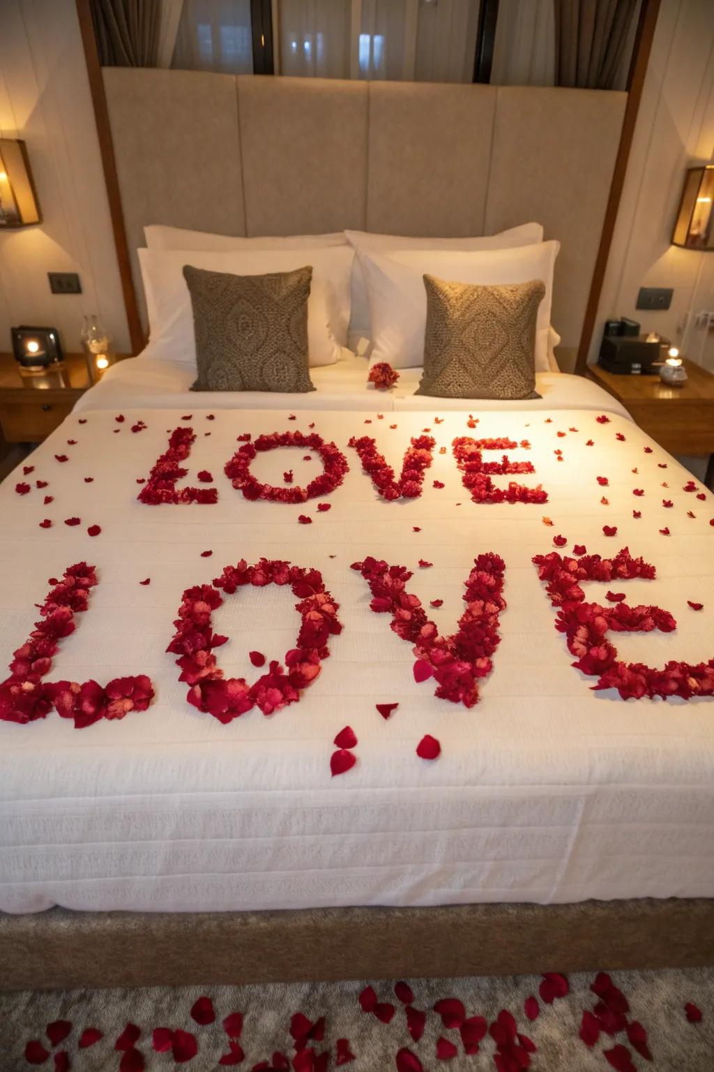 A loving message spelled out with rose petals for a uniquely personalized surprise.