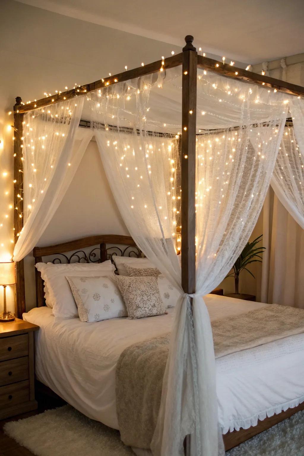 A canopy bed with soft lighting creates a dreamy and inviting ambiance.