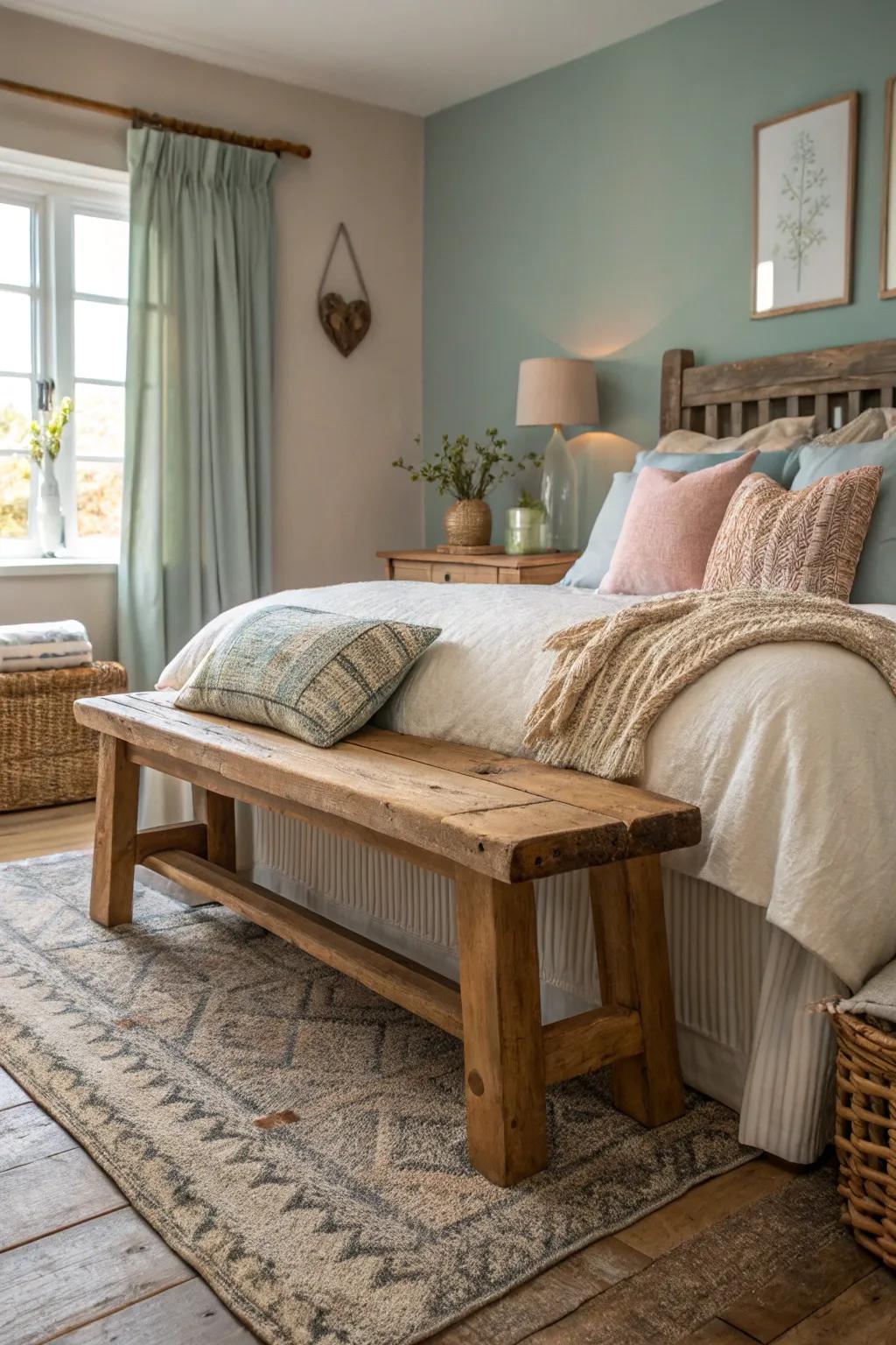 A wooden bench injects country charm and warmth into your bedroom.