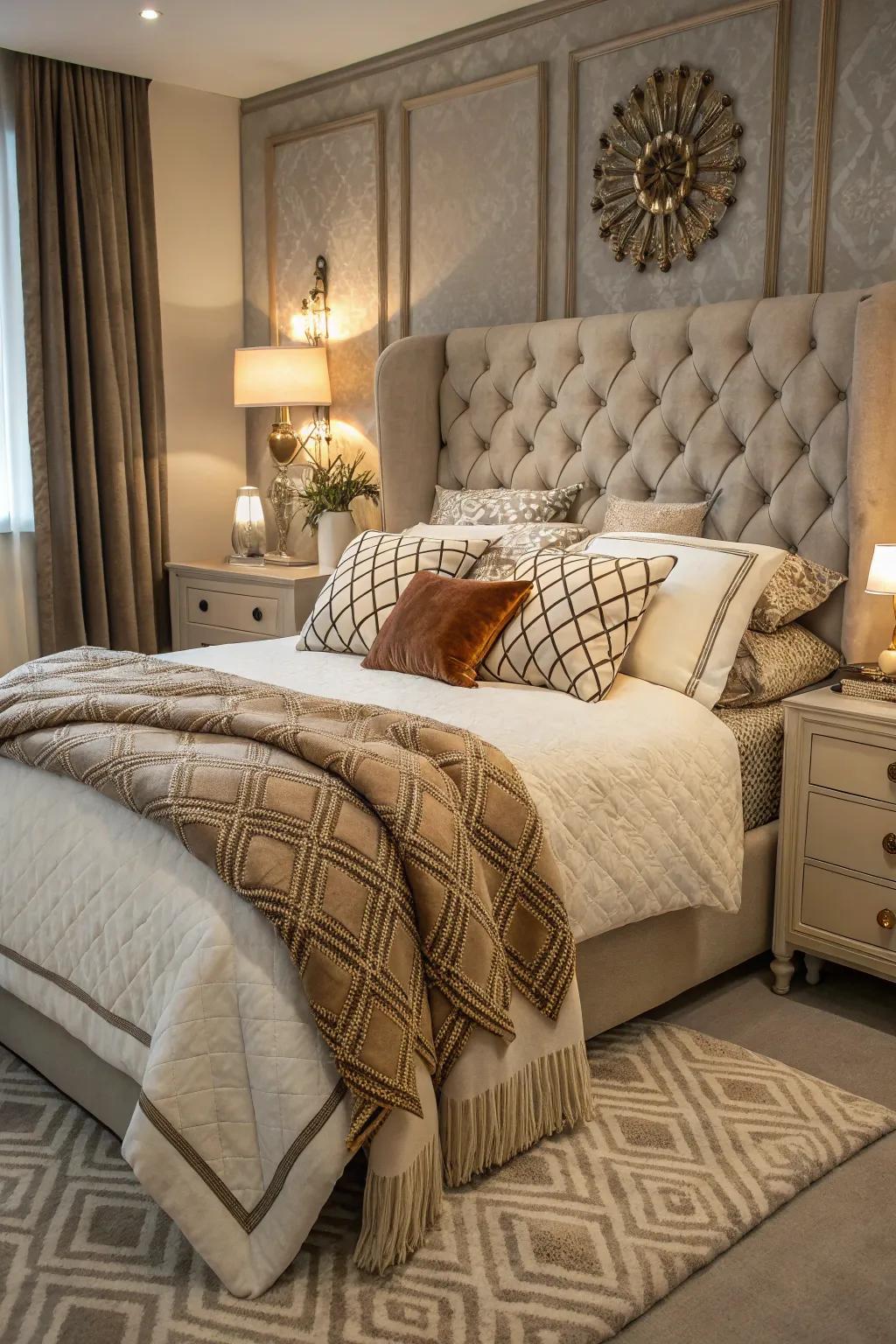 Overlapping fabrics over a bed, increasing warmth and texture to this fashionable bedroom.