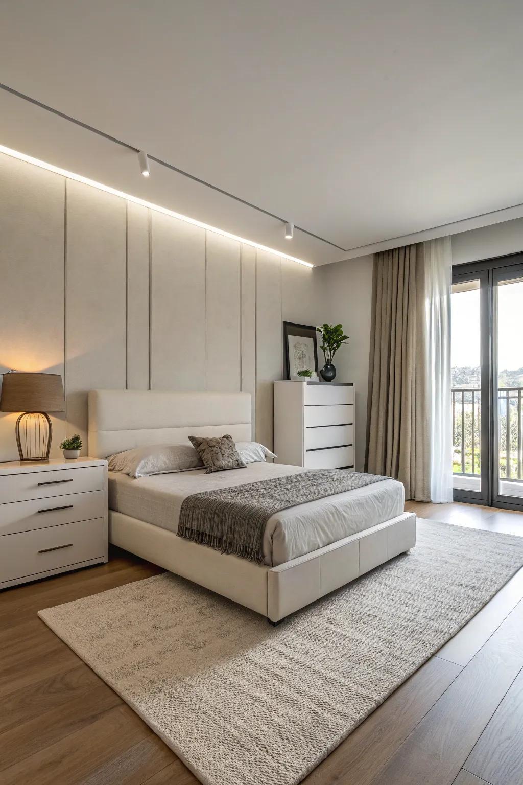 A bedroom featuring contemporary, minimalist furniture marked by clean lines.