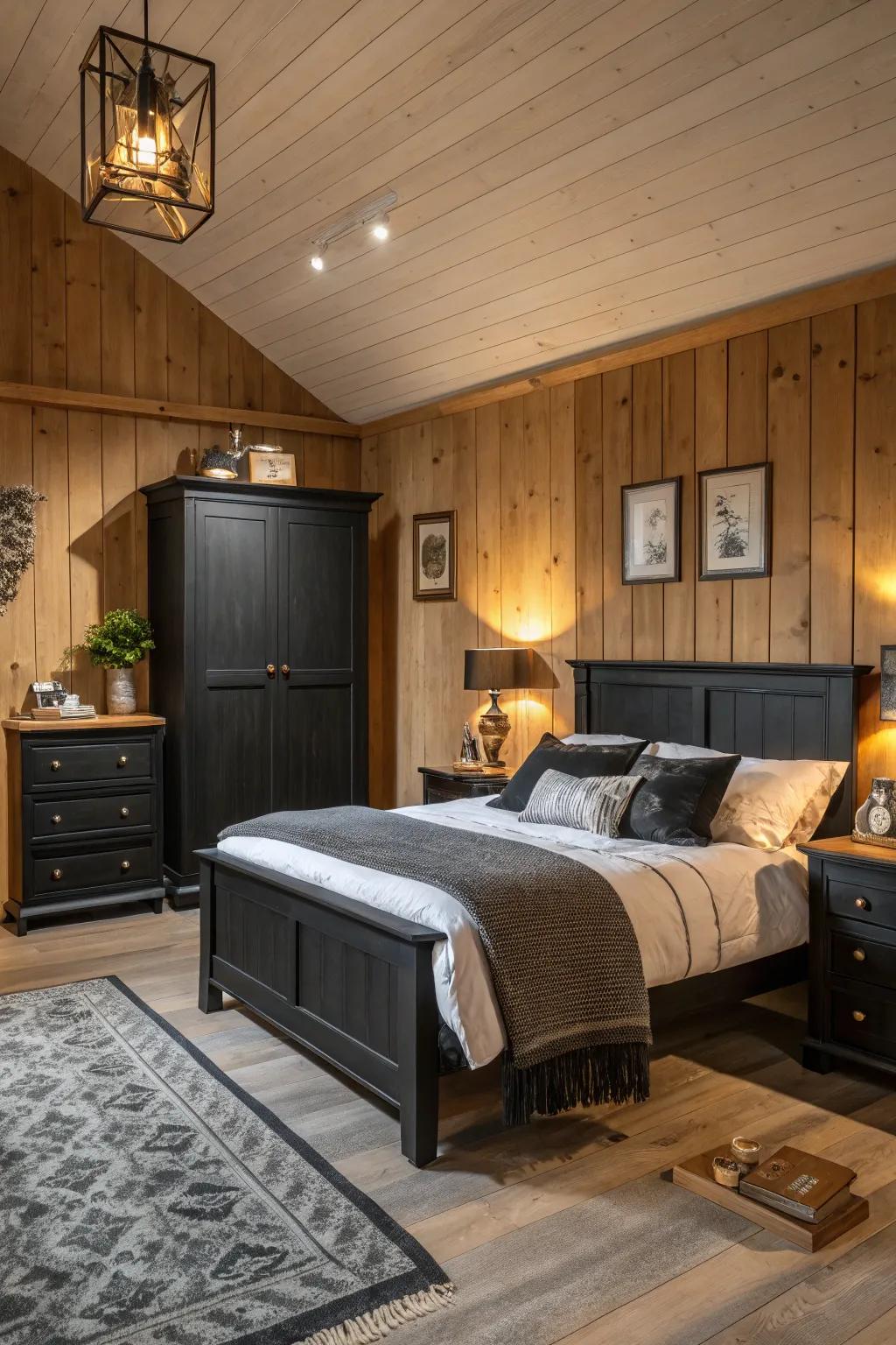 Natural wooden elements add warmth to a bedroom with sleek black furniture.