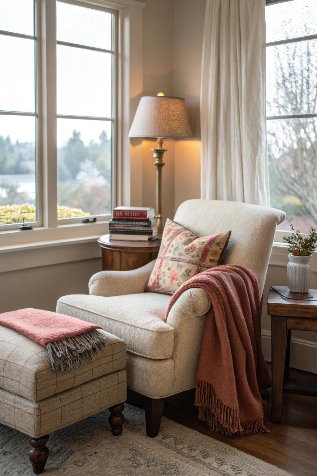 A reading nook introduces a hint of personal retreat.