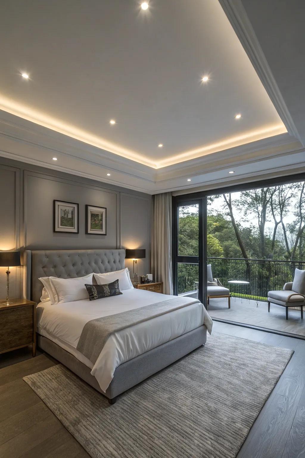 Hidden lights impart a subtle charm to a modern bedroom.