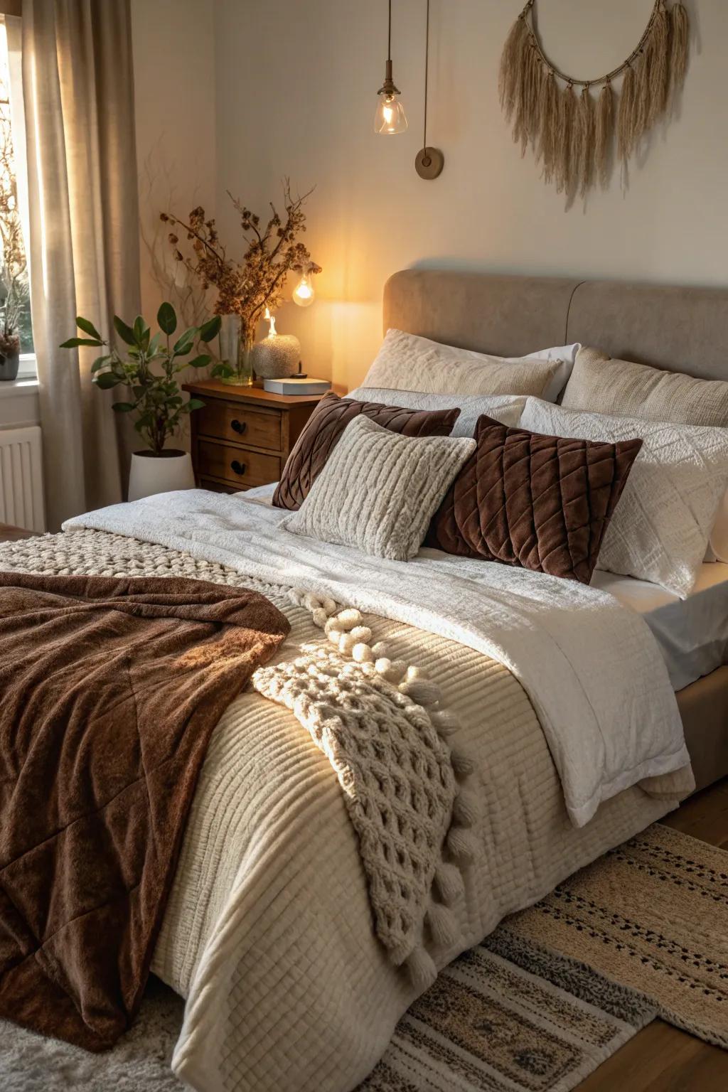 A bedroom radiating warmth, thanks to its thoughtfully layered textures.
