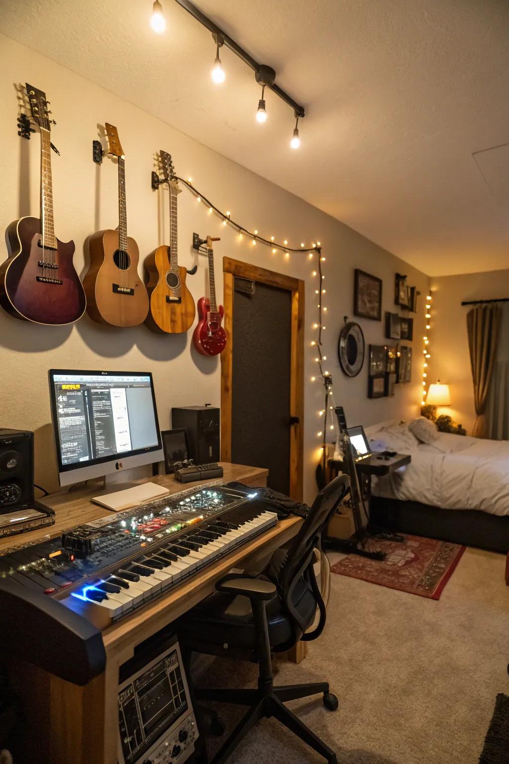 Wall-mounted instruments fashion a functional and attractive music studio setting.