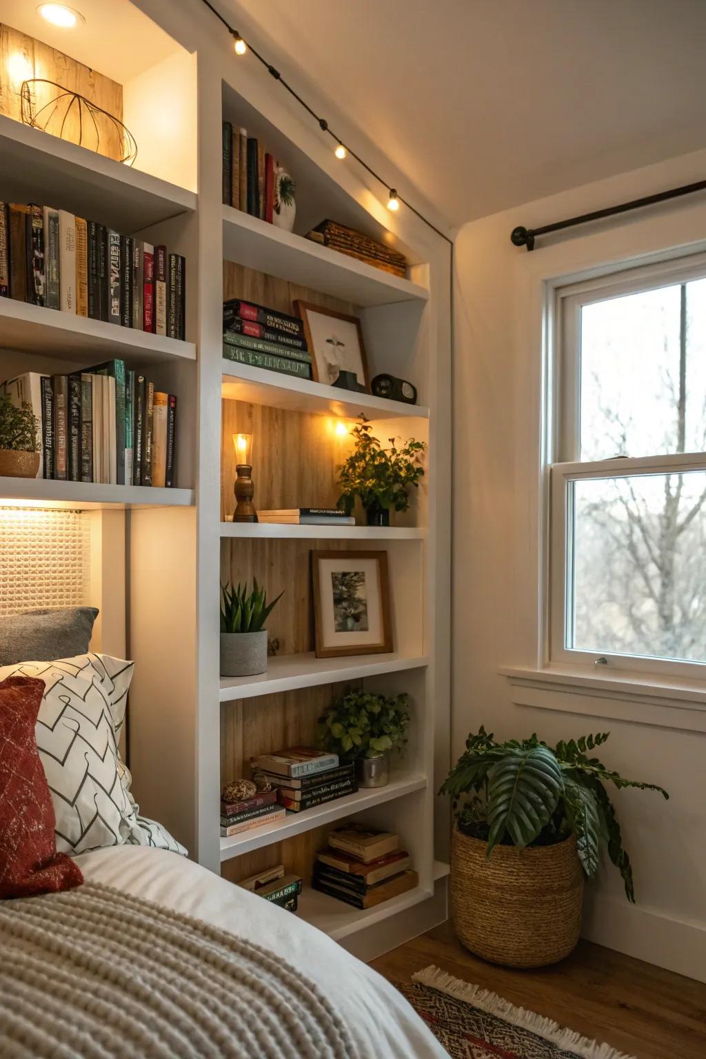 A comfortable bedroom nook with built-in shelves, providing a personal library area.