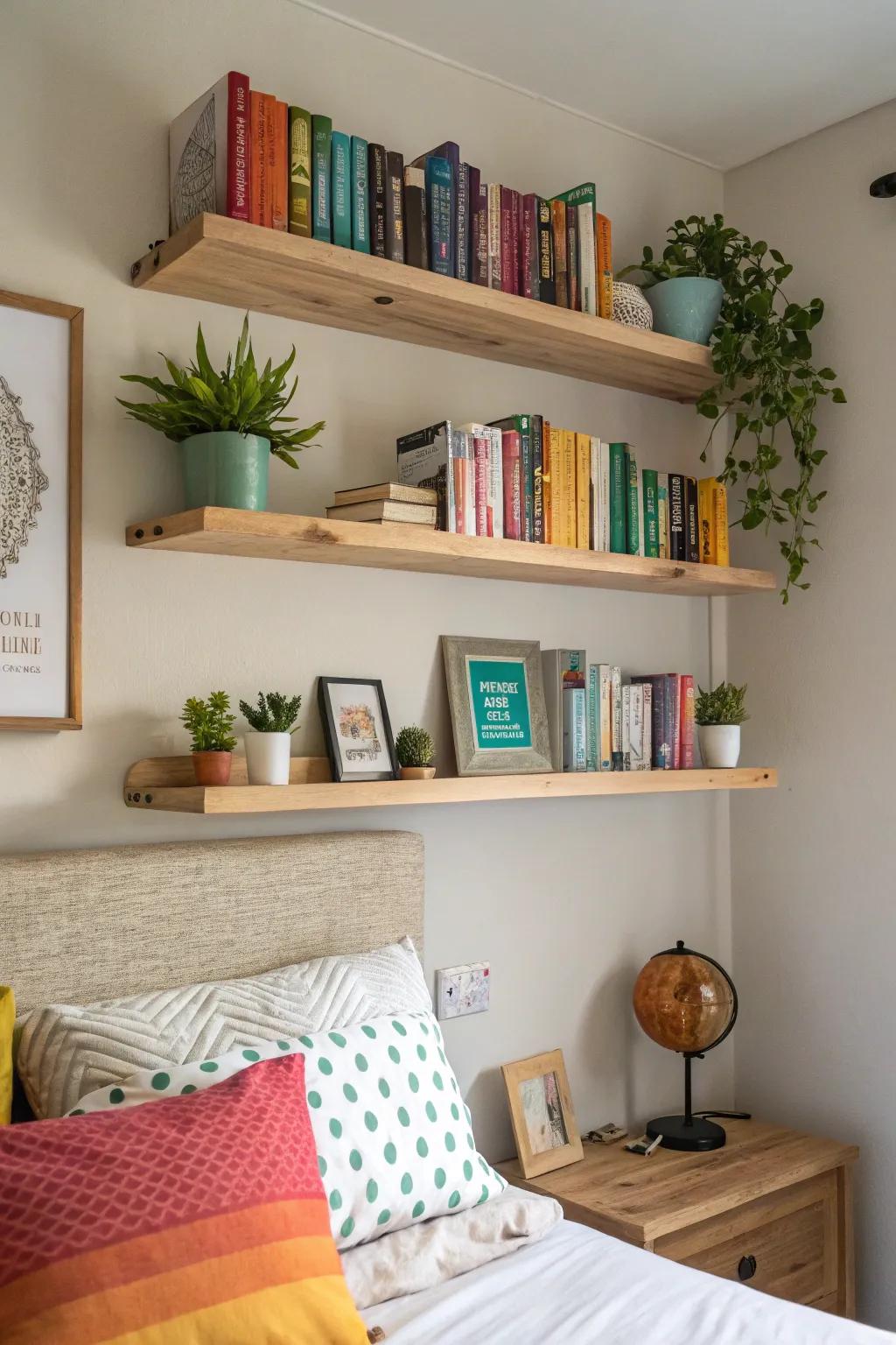 Bring style to your bedroom setup with handy wall-mounted shelves.