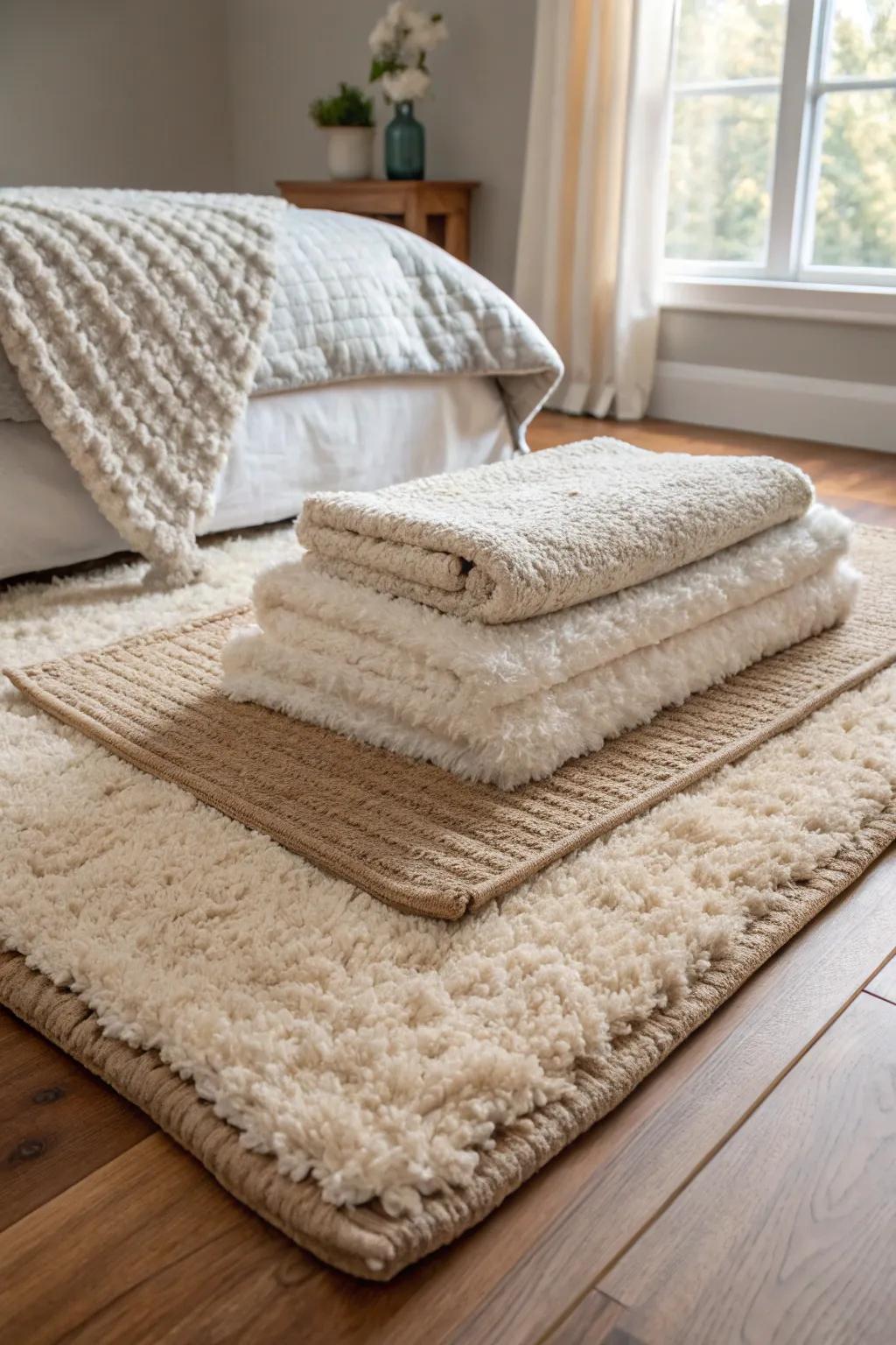 Layered carpets offer a feel of dimension and heat to a bedroom.