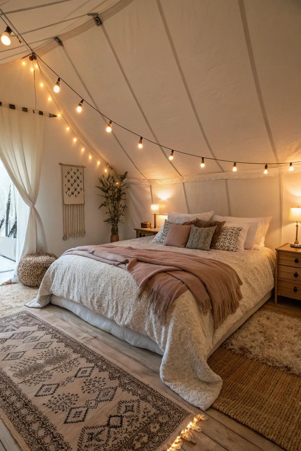 A cozy bedroom featuring soft bedding and inviting ambient light.
