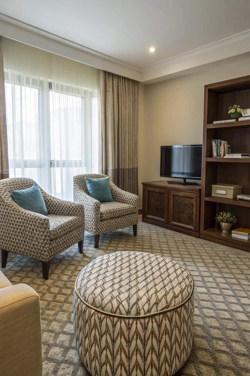 A versatile footstool provides both flair and purpose in your bedroom TV area.
