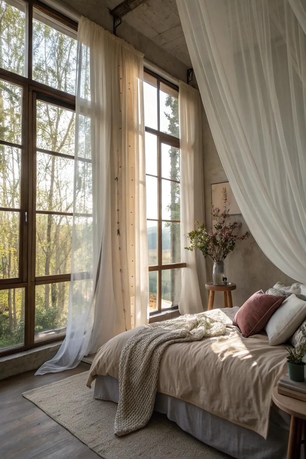 Sunlight transforms a sleeping quarter into a radiant, airy refuge.