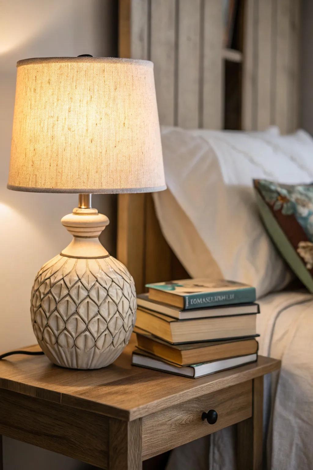 A distinctive lamp design introduces personality to your bedside.