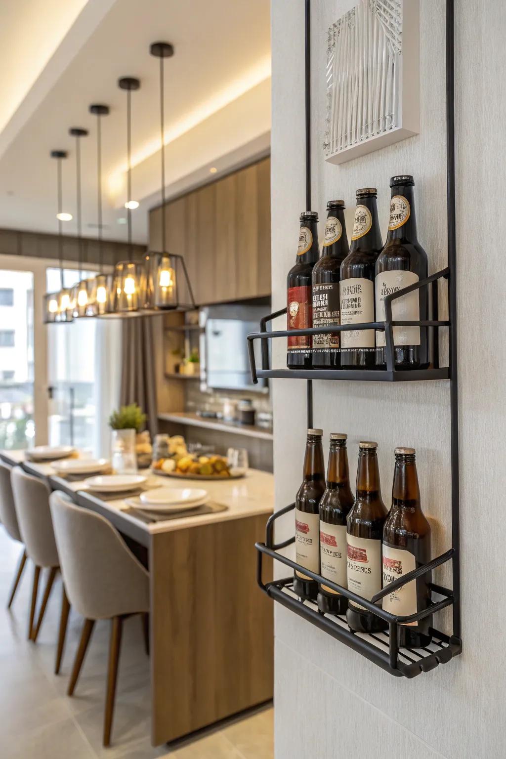 A modern wall-mounted beer bottle fixture in a dining area.